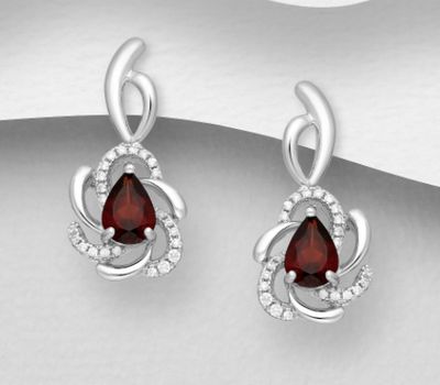 La Preciada - 925 Sterling Silver Push-Back Earrings, Decorated with Pear-Shaped Garnet and CZ Simulated Diamonds