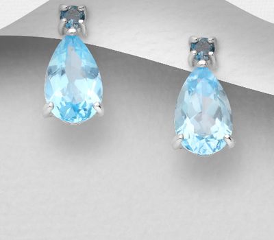 La Preciada - 925 Sterling Silver Push-Back Earrings, Decorated with London Blue Topaz and Sky-Blue Topaz