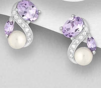 925 Sterling Silver Omega Lock Earrings, Decorated with CZ Simulated Diamonds, Amethyst and Freshwater Pearls