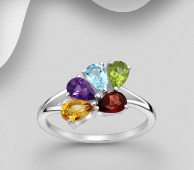 La Preciada - 925 Sterling Silver Ring, Decorated with Amethyst, Citrine, Garnet, Peridot and Sky-Blue Topaz, Gemstone Colors may Vary.