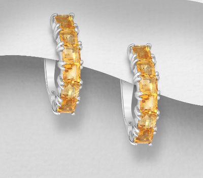 925 Sterling Silver Omega-Lock Earrings, Decorated with Citrine