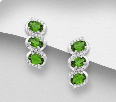 La Preciada - 925 Sterling Silver Omega Lock Earrings, Decorated with CZ Simulated Diamonds and Chrome Diopside