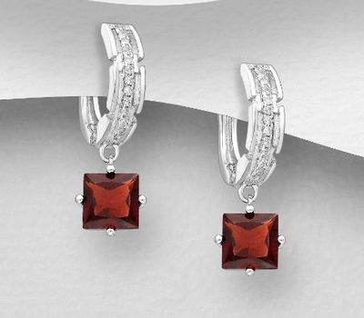 La Preciada - 925 Sterling Silver Omega Lock Earrings, Decorated with CZ Simulated Diamonds and Garnet