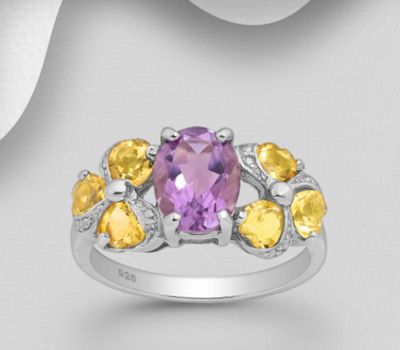 La Preciada - 925 Sterling Silver Ring, Decorated with Amethyst and Citrines