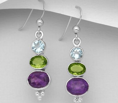 925 Sterling Silver Hook Earrings, Decorated with Amethyst, Peridot and Sky-Blue Topaz