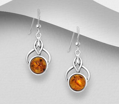 925 Sterling Silver Hook Earrings, Decorated with Baltic Amber