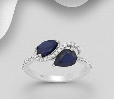 925 Sterling Silver Ring Decorated with CZ Simulated Diamonds and Pear-Shaped Gemstones