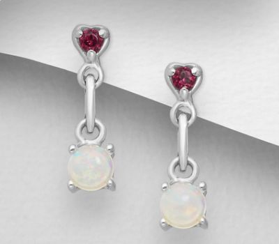 La Preciada - 925 Sterling Silver Heart Links Push-Back Earrings Decorated with Ethiopian Opals and Rhodolites