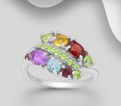 La Preciada - 925 Sterling Silver Ring, Decorated with Amethyst, Citrine, Garnet, Peridot and Sky-Blue Topaz, Gemstone Colors may Vary.