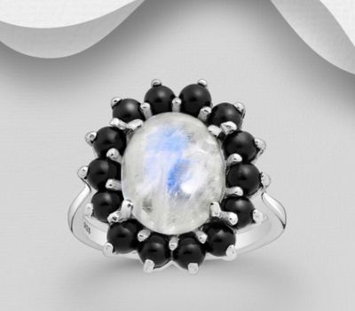 La Preciada - 925 Sterling Silver Ring, Decorated with Rainbow Moonstone and Black Spinel