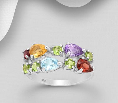 La Preciada - 925 Sterling Silver Ring, Decorated with Various Gemstones, Gemstone Colors may Vary.