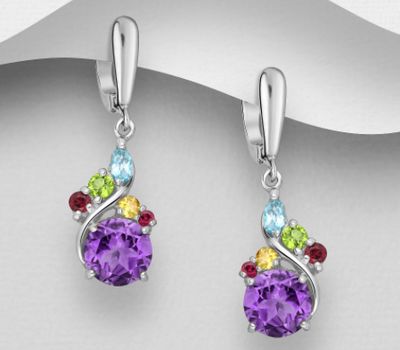 La Preciada - 925 Sterling Silver Omega Lock Earrings Decorated with Various Gemstone, Colours may Vary.