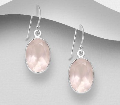 925 Sterling Silver Oval Hook Earrings, Decorated with Rose Quartz