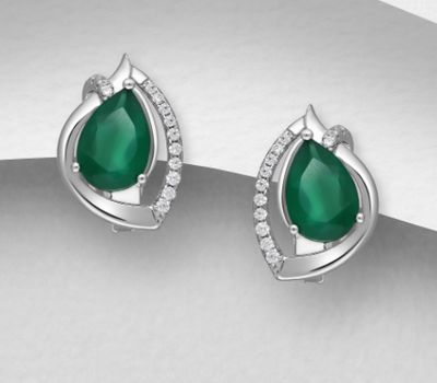 La Preciada - 925 Sterling Silver Omega Lock Earrings, Decorated with CZ Simulated Diamonds and Droplet Shape Green Agate