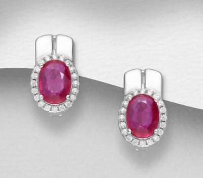 La Preciada - 925 Sterling Silver Omega Lock Earrings, Decorated with CZ Simulated Diamonds and Ruby