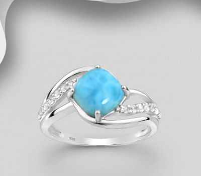 La Preciada - 925 Sterling Silver Ring, Decorated with CZ Simulated Diamonds and Larimar