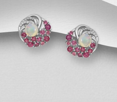 La Preciada - 925 Sterling Silver Omega Lock Earrings, Decorated with CZ Simulated Diamonds, Ethiopian Opal and Rhodolite