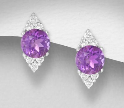 La Preciada - 925 Sterling Silver Omega Lock Earrings, Decorated with White Topaz and Amethyst