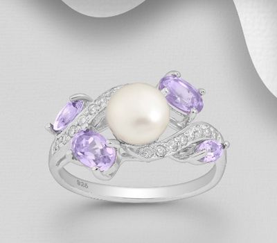 925 Sterling Silver Ring, Decorated with CZ Simulated Diamonds, Amethyst and Freshwater Pearls