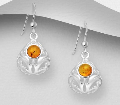 925 Sterling Silver Swirl Hook Earrings, Decorated with Baltic Amber