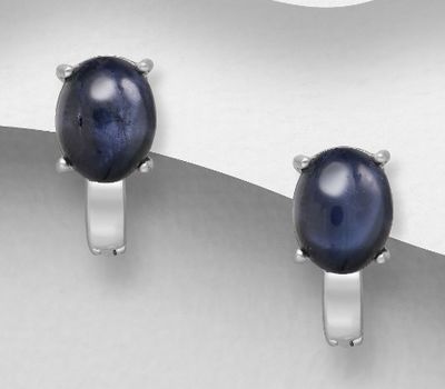 925 Sterling Silver Omega Lock Earrings, Decorated with Blue Sapphires