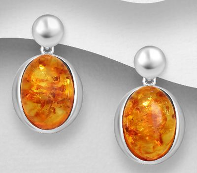 925 Sterling Silver Oval Push-Back Earrings, Decorated with Baltic Amber