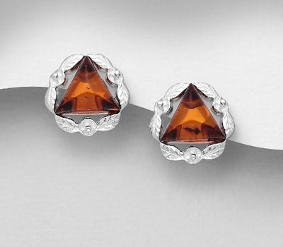 925 Sterling Silver Flower and Leaf Push-Back Earrings, Decorated with Triangular Baltic Amber