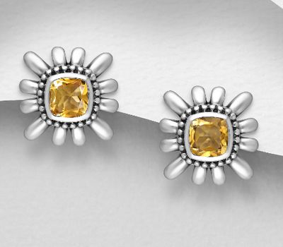 925 Sterling Silver Push-Back Earrings, Decorated with Citrines