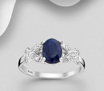 925 Sterling Silver Ring Decorated With Blue Sapphire and CZ Simulated Diamond