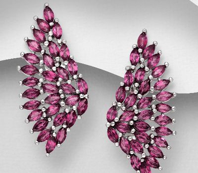 925 Sterling Silver Omega-Lock Earrings, Decorated with Rhodolite