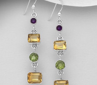 925 Sterling Silver Hook Earrings, Decorated with Amethyst, Citrine and Peridot