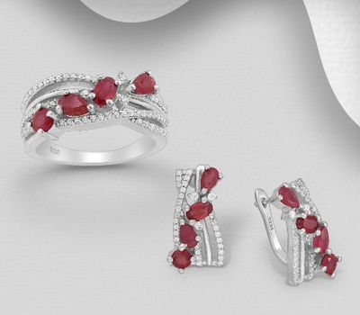 925 Sterling Silver Omega Lock Earrings and Ring Jewelry Set, Decorated with CZ Simulated Diamonds and Ruby