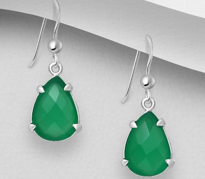 925 Sterling Silver Droplet Hook Earrings, Decorated with Green Onyx