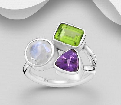 925 Sterling Silver Ring, Decorated with Amethyst, Peridot and Rainbow Moonstone