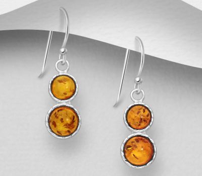 925 Sterling Silver Hook Earrings, Decorated with Baltic Amber