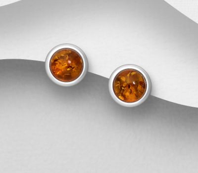 925 Sterling Silver Circle Push-Back Earrings, Decorated with Baltic Amber, 8 mm Diameter