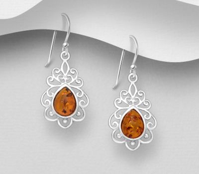 925 Sterling Silver Swirl Hook Earrings, Decorated with Baltic Amber