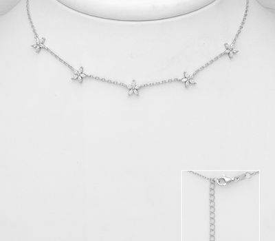 925 Sterling Silver Flower Choker Decorated with CZ Simulated Diamonds, Plated with Rhodium