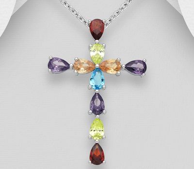 925 Sterling Silver Cross Pendant, Decorated with Colorful CZ Simulated Diamonds