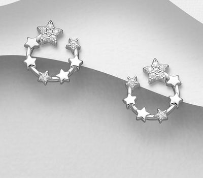 925 Sterling Silver Star Push-Back Earrings, Decorated with CZ Simulated Diamonds