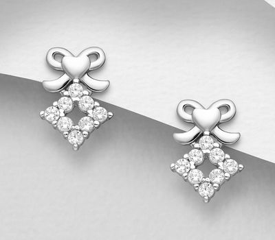 925 Sterling Silver Bow and Heart Push-Back Earrings, Decorated with CZ Simulated Diamonds