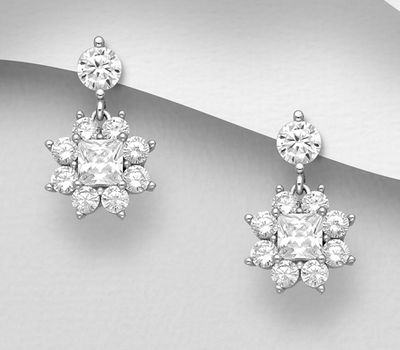 925 Sterling Silver Flower Push-Back Earrings, Decorated with CZ Simulated Diamonds