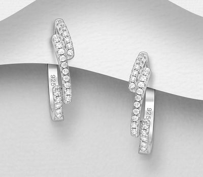 925 Sterling Silver Hoop Earrings, Decorated with CZ Simulated Diamonds