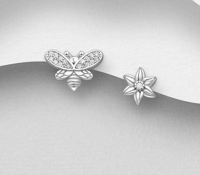 925 Sterling Silver Bee and Flower Push-Back Earrings, Decorated with CZ Simulated Diamonds