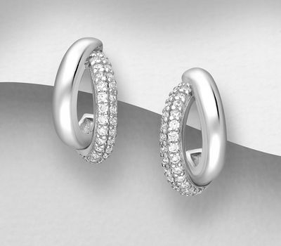 925 Sterling Silver Push-Back Earrings, Decorated with CZ Simulated Diamonds