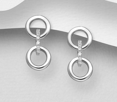 925 Sterling Silver Circle Push-Back Earrings, Decorated with CZ Simulated Diamonds