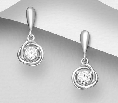 925 Sterling Silver Knot Push-Back Earrings, Decorated with CZ Simulated Diamonds