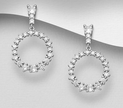 925 Sterling Silver Push-Back Earrings, Decorated with CZ Simulated Diamonds