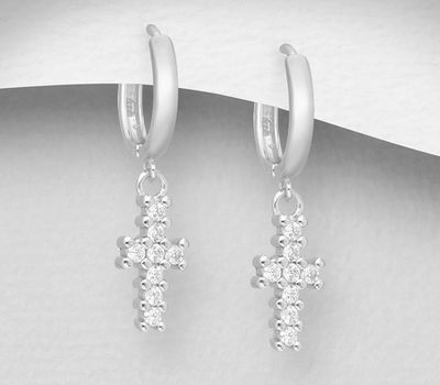 925 Sterling Silver Hoop Earrings with Cross Charm, Decorated with CZ Simulated Diamonds