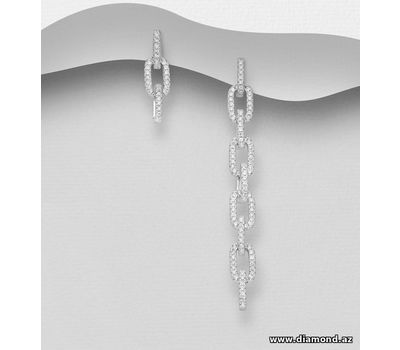 925 Sterling Silver Links Push-Back Earrings, Decorated with CZ Simulated Diamonds